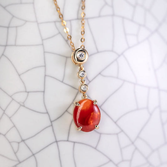 Red Color Mexican Egg Fire Opal Diamond Necklace 18K Yellow Gold