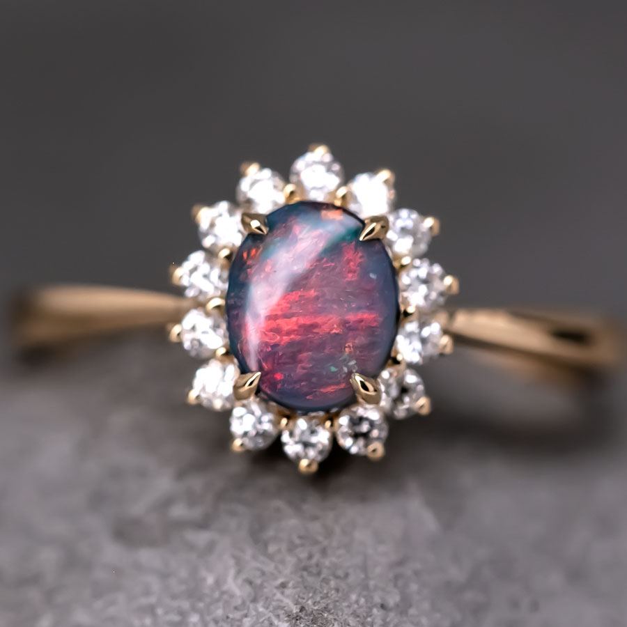 The Modern Classic - Black Opal Diamond Halo Engagement Ring 18K Yellow Gold