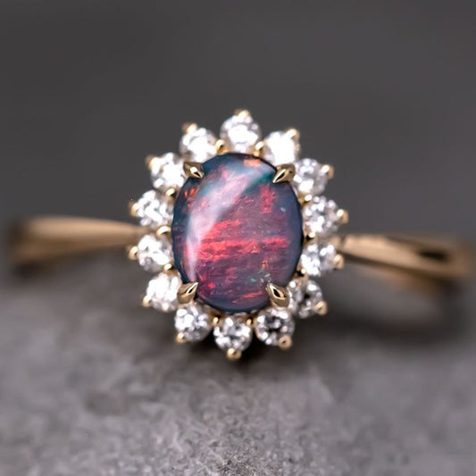 The Modern Classic - Black Opal Diamond Halo Engagement Ring 18K Yellow Gold