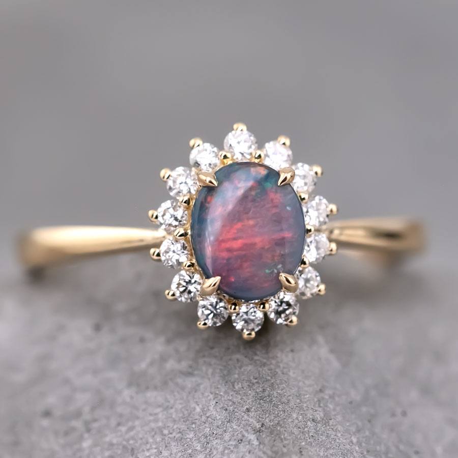 The Modern Classic - Black Opal Diamond Halo Engagement Ring 18K Yellow Gold