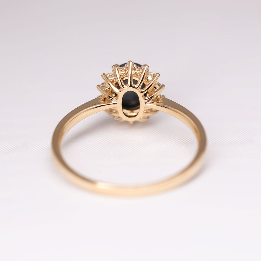 The Modern Classic - Black Opal Diamond Halo Engagement Ring 18K Yellow Gold
