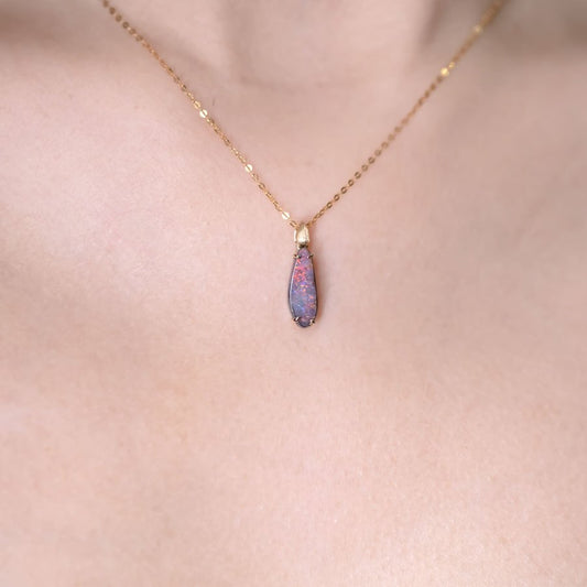 Minimalist Australian Boulder Opal Necklace Pendant 18K Yellow Gold
