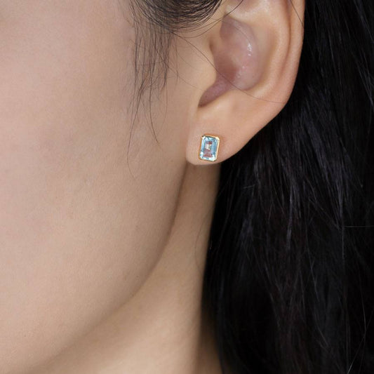 Blue Topaz Stud Earrings 14K Yellow Gold Emerald Cut