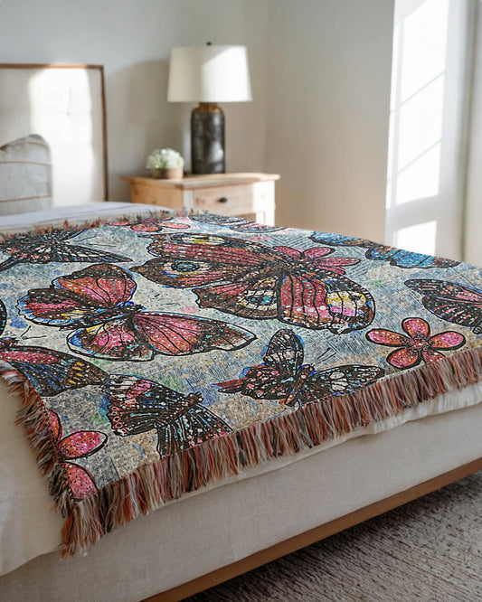 Red Butterflies Woven Blanket
