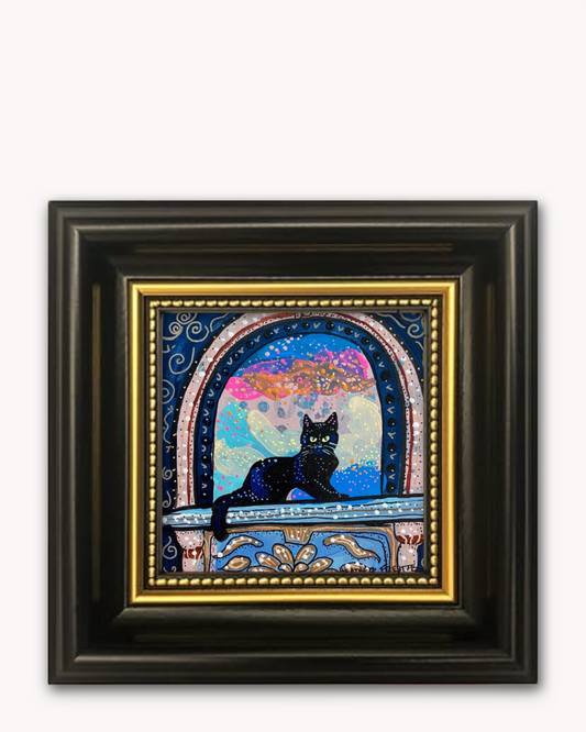 Black Cat In Archway Framed Magnet ( Medium )