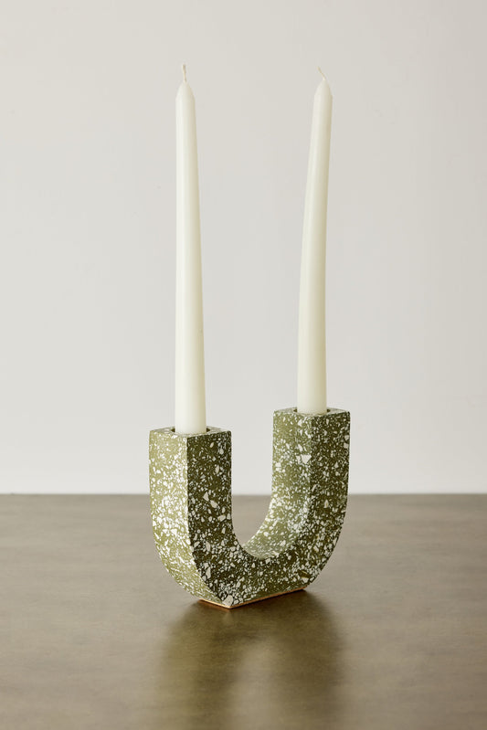 U-shaped Olive Terrazzo Taper Candle Holder