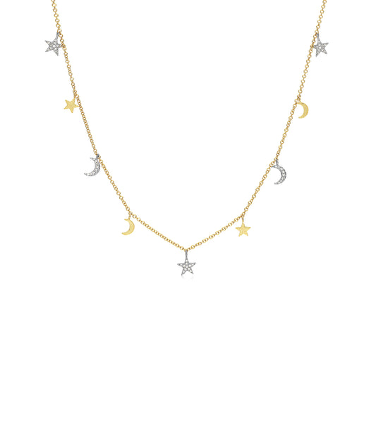 Diamond Star-Moon Charm Long Necklace