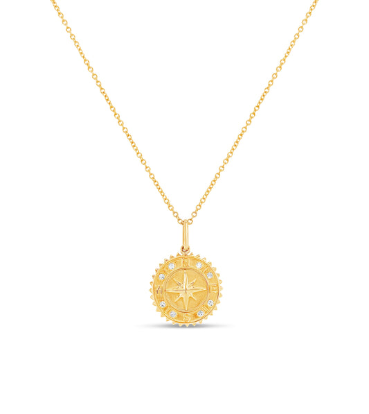 Diamond Compass Medallion Disc Necklace