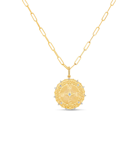 Diamond Compass Medallion Disc Necklace