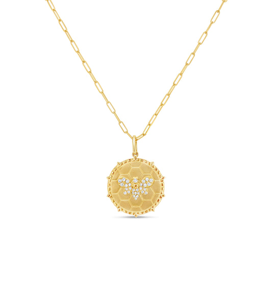 Diamond Bumble Bee Medallion Disc Necklace