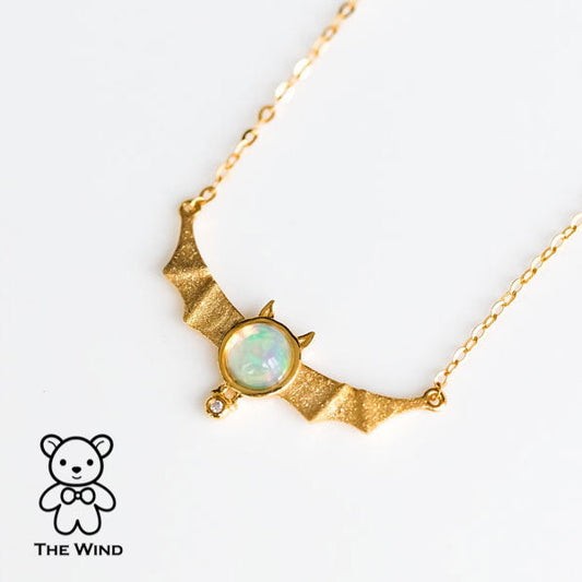 Bat Design Australian Solid Opal & Diamond Necklace 18K Yellow Gold