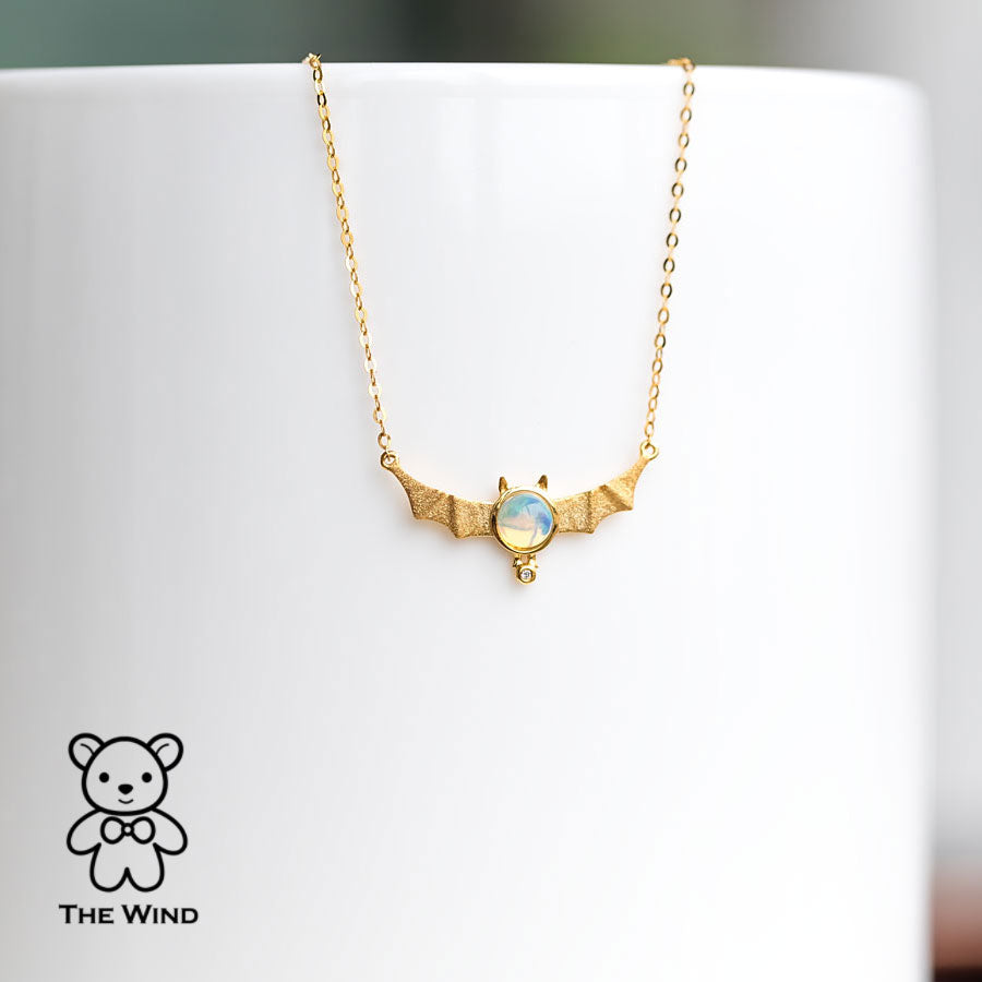 Bat Design Australian Solid Opal & Diamond Necklace 18K Yellow Gold