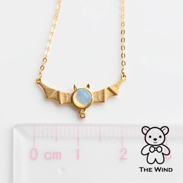 Bat Design Australian Solid Opal & Diamond Necklace 18K Yellow Gold