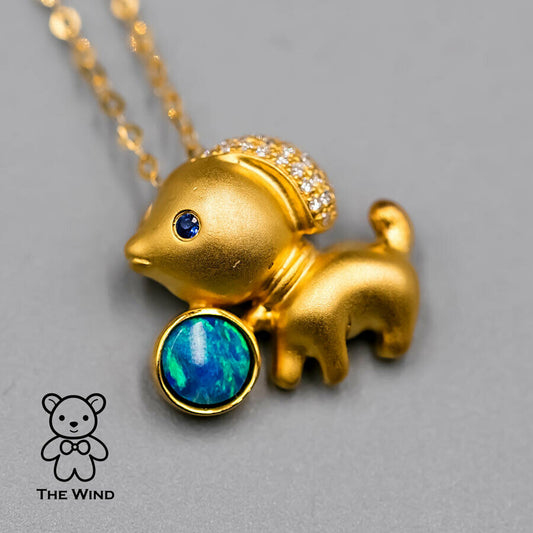Adorable Dog Australian Doublet Opal, Diamond, Sapphire Pendant Necklace 18K Yellow Gold