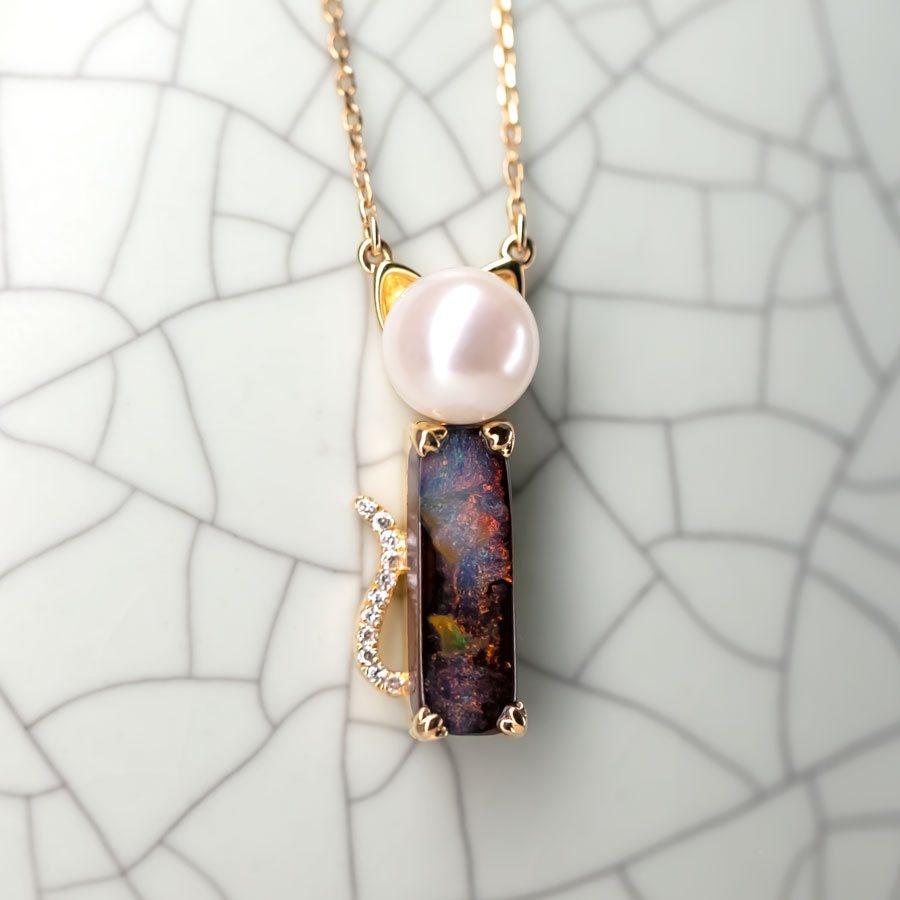 Adorable Paws Kitty Cat Boulder Opal, Diamond & Akoya Pearl Necklace 18K Gold