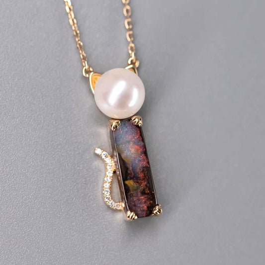 Adorable Paws Kitty Cat Boulder Opal, Diamond & Akoya Pearl Necklace 18K Gold