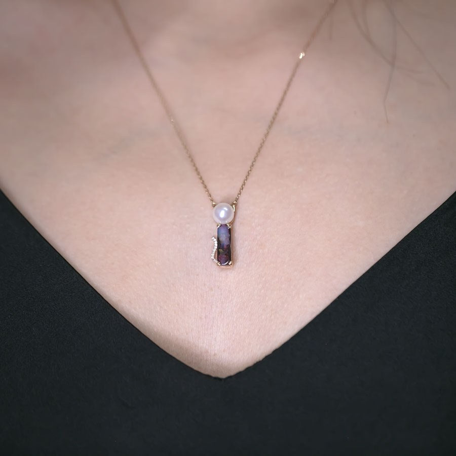Adorable Paws Kitty Cat Boulder Opal, Diamond & Akoya Pearl Necklace 18K Gold