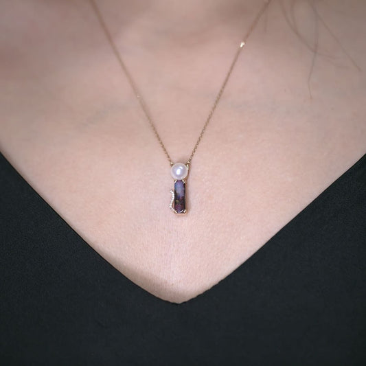 Adorable Paws Kitty Cat Boulder Opal, Diamond & Akoya Pearl Necklace 18K Gold