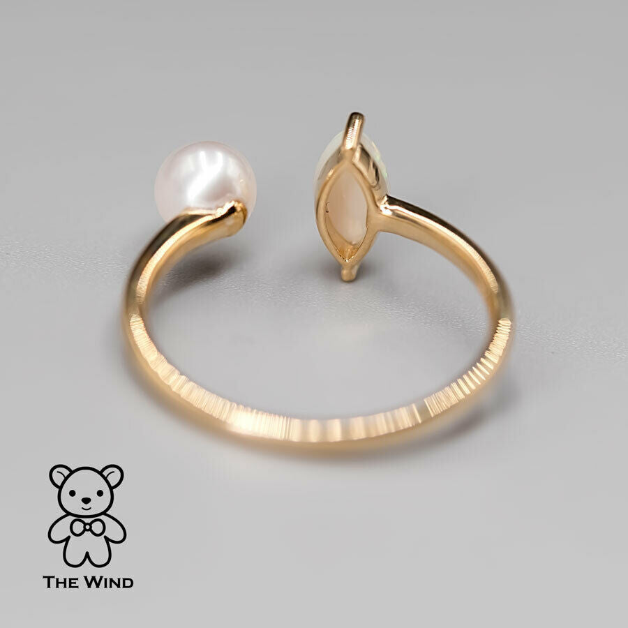 Australian Solid Opal with Akoya Pearl Open Adjustable Ring 18K Yellow Gold
