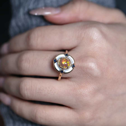 Top Fire Opal Art Deco Style Sapphire Engagement Ring 18K Yellow Gold