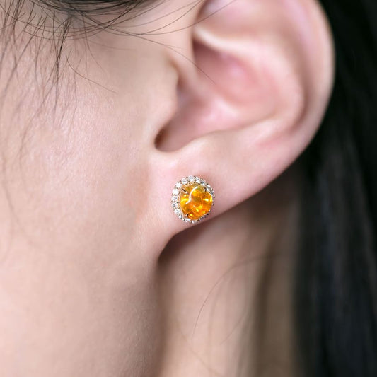 Asymmetrical Fire Opal Diamond Halo Stud Earrings 18K Yellow Gold