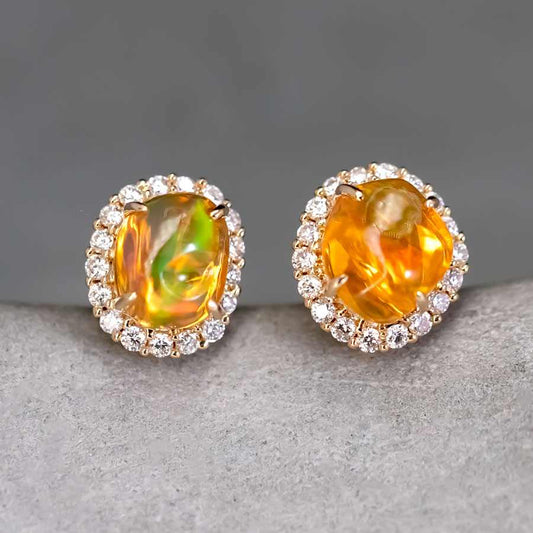Asymmetrical Fire Opal Diamond Halo Stud Earrings 18K Yellow Gold