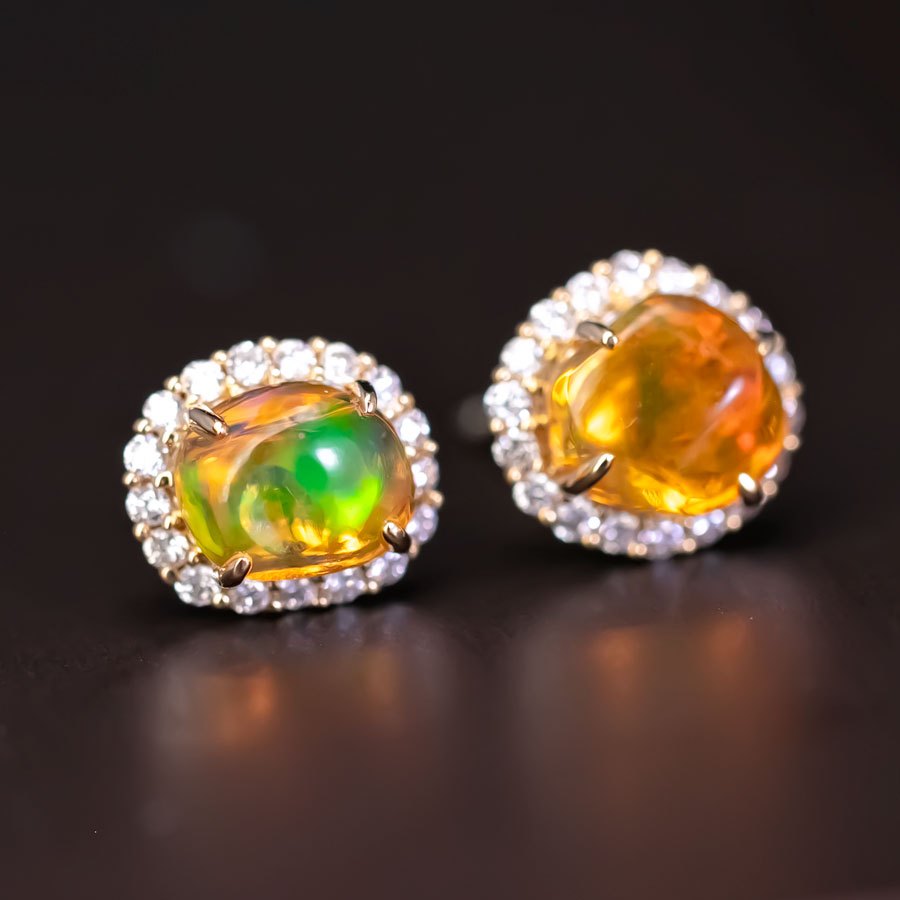 Asymmetrical Fire Opal Diamond Halo Stud Earrings 18K Yellow Gold