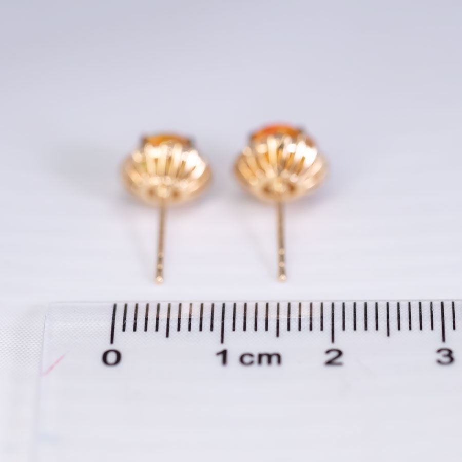 Asymmetrical Fire Opal Diamond Halo Stud Earrings 18K Yellow Gold