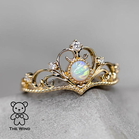 Royal Crown Design Opal & Diamond Engagement Ring 14K Yellow Gold