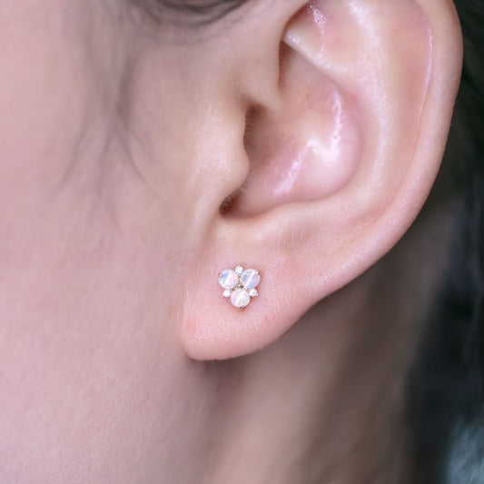 14K Yellow Gold Australian Solid Opal Diamond Trio Stud Earrings