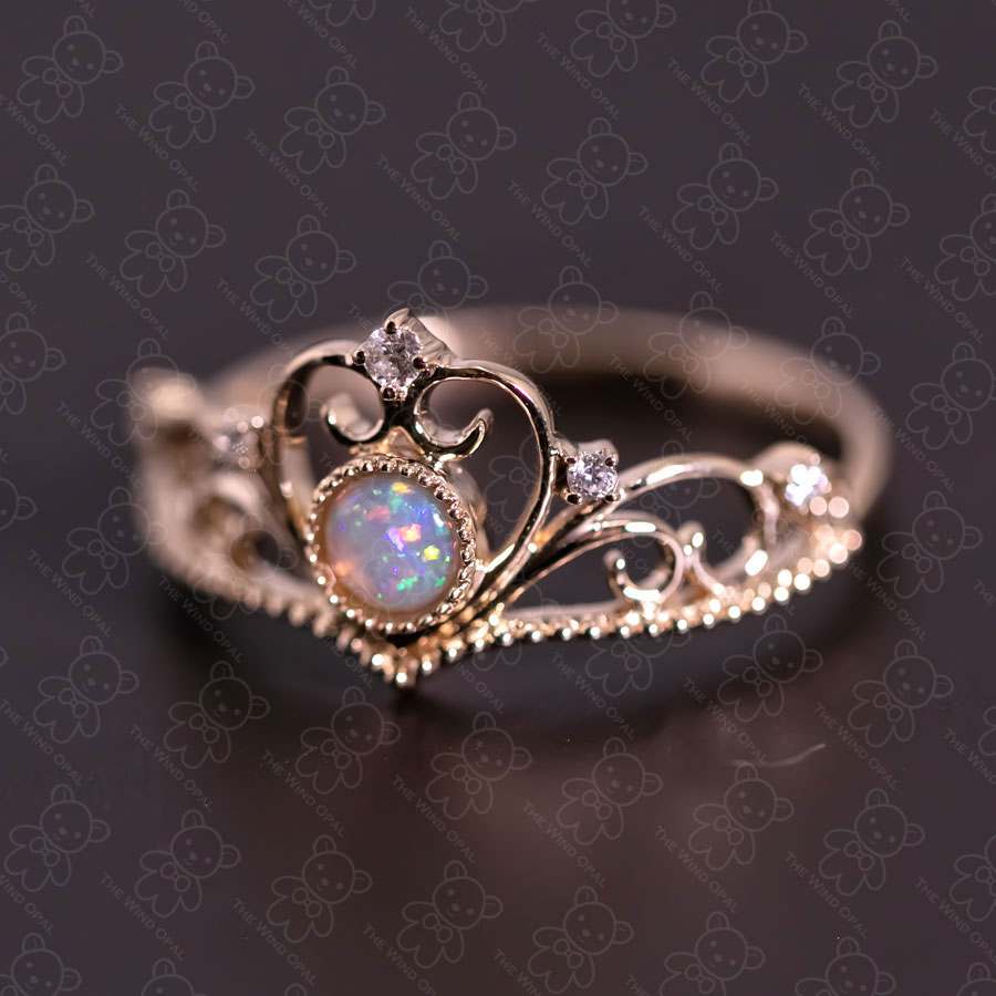 Royal Crown Design Opal & Diamond Engagement Ring 14K Yellow Gold