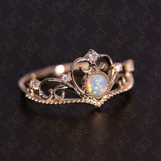 Royal Crown Design Opal & Diamond Engagement Ring 14K Yellow Gold