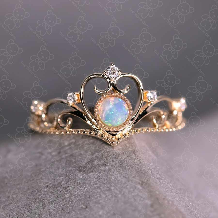 Royal Crown Design Opal & Diamond Engagement Ring 14K Yellow Gold