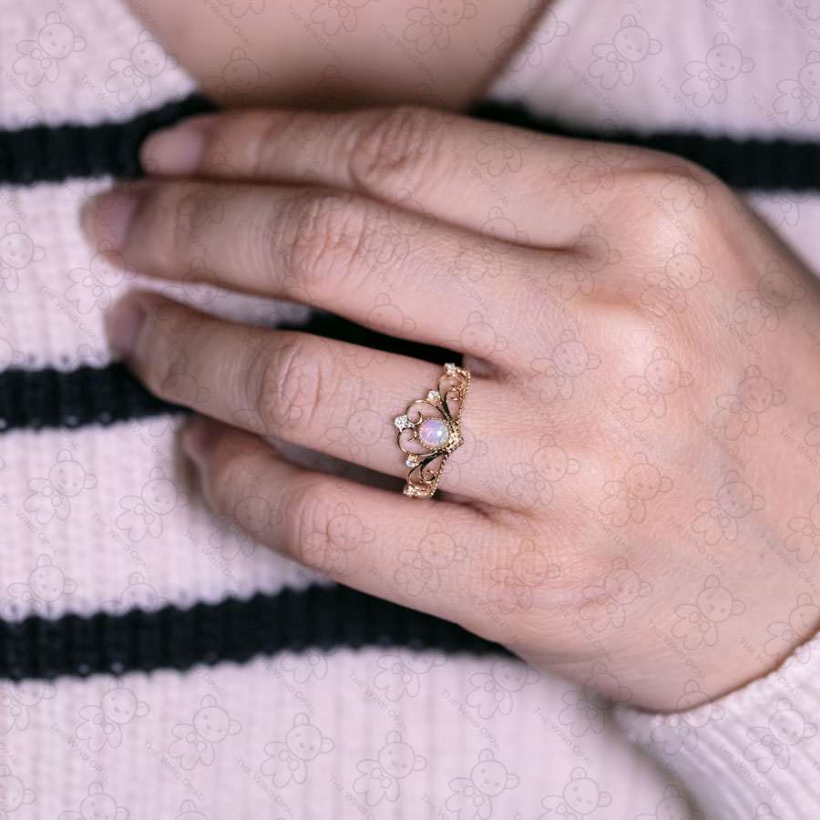 Royal Crown Design Opal & Diamond Engagement Ring 14K Yellow Gold