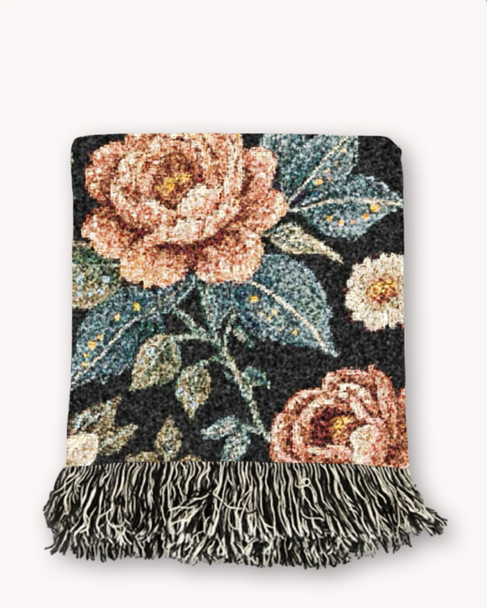 Black Vintage Floral Woven Blanket Tapestry