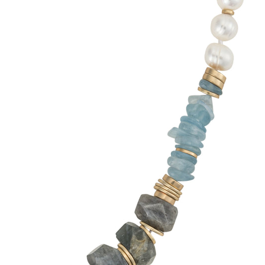 9-10mm Freshwater Pearls with natural Aquamarine and Labradorite Stones