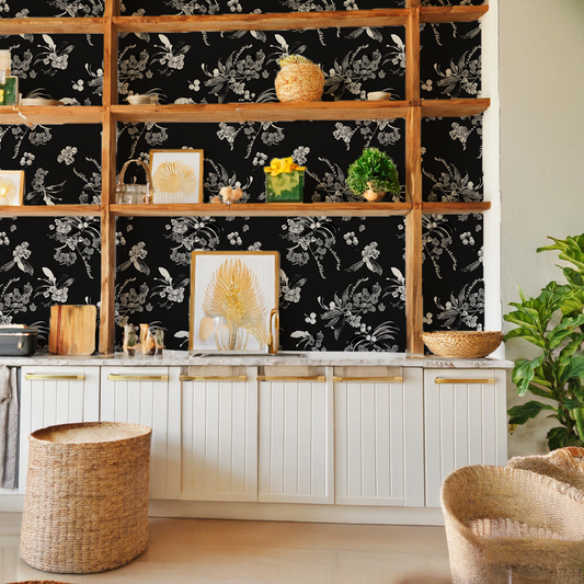 Floral Loquat Wallpaper, black and white