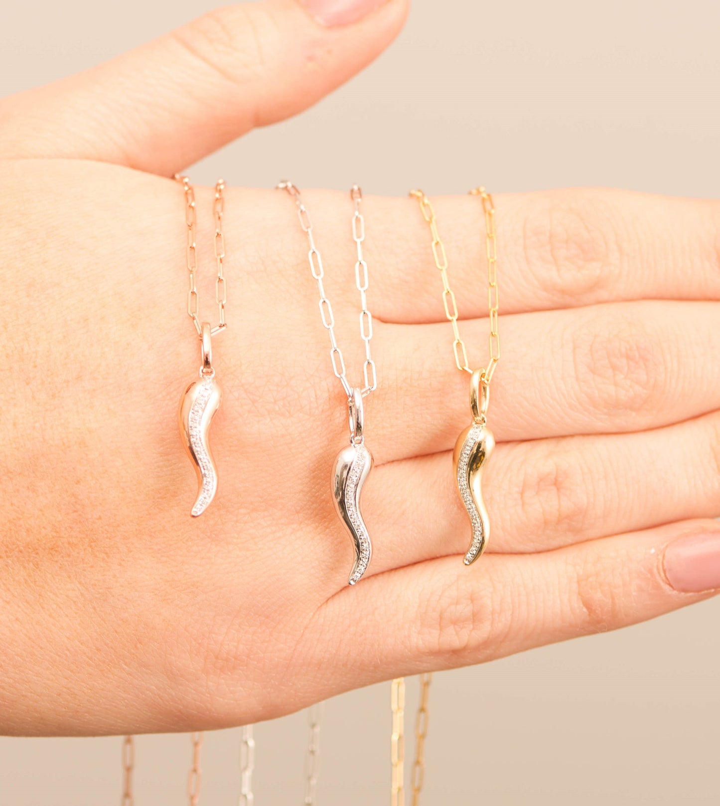 Diamond Line Italian Horn Cornicello Necklace