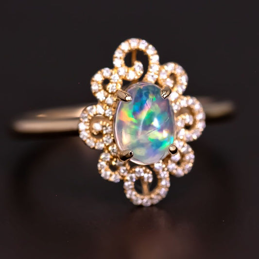Beauty of Swirls - Fire Opal Diamond Engagement Ring 18K Yellow Gold