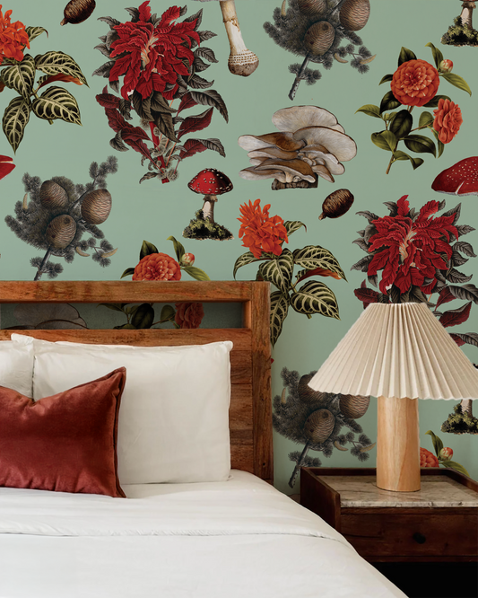 Shrooms Wallpaper, mint and red