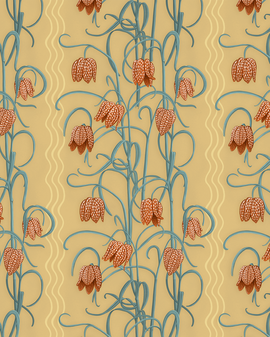 Campanas Wallpaper, butter yellow & slate blue