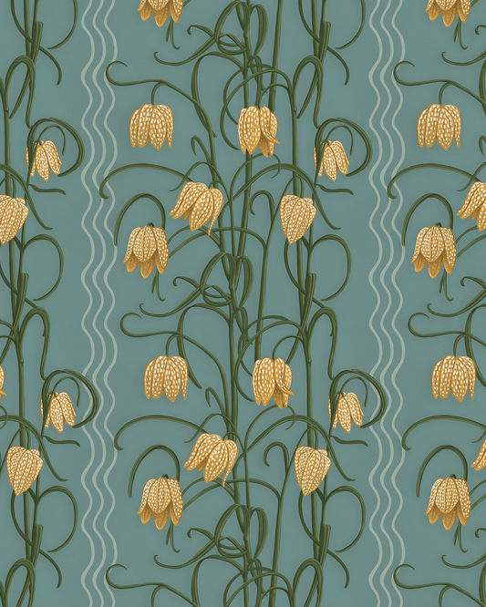 Campanas Wallpaper, dusty blue and marigold