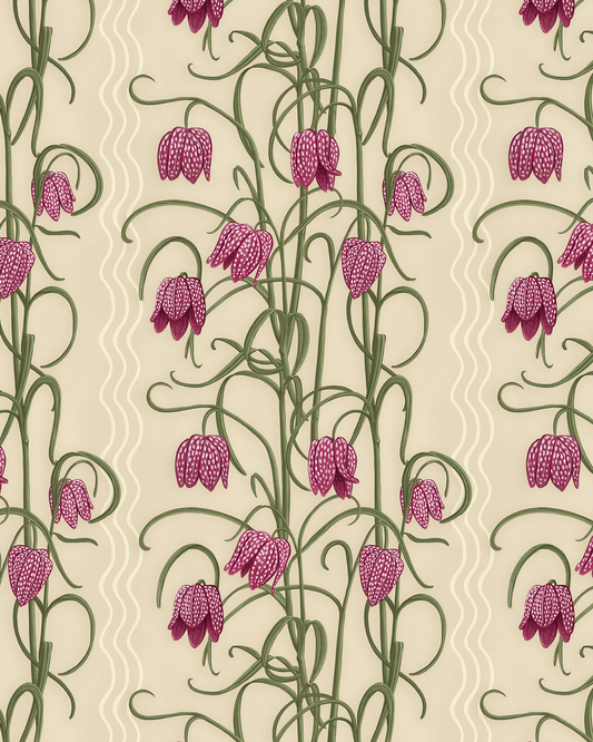 Campanas Wallpaper, tan and magenta