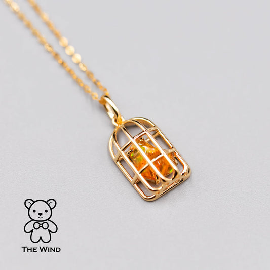 Bird Cage Mexican Fire Opal Necklace Pendant 14K Yellow Gold