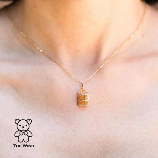 Bird Cage Mexican Fire Opal Necklace Pendant 14K Yellow Gold