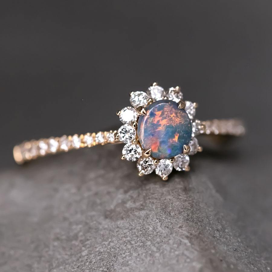 Adorable Black Opal Halo Diamond Engagement Ring 18K Yellow Gold