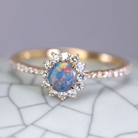 Adorable Black Opal Halo Diamond Engagement Ring 18K Yellow Gold