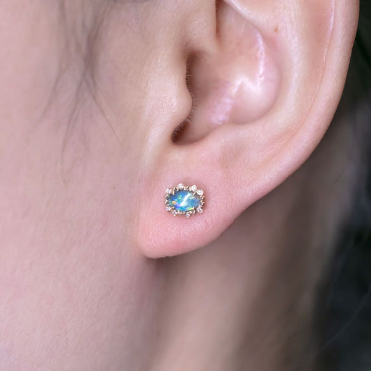 Australian Black Opal & Halo Diamond Stud Earrings 18k Yellow Gold