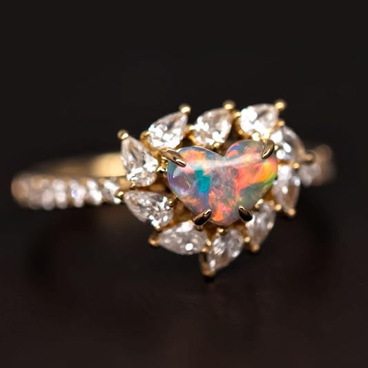 La Fiesta - Lightning Ridge Black Opal & Halo Pear Diamond Engagement Wedding Ring 18K Yellow Gold