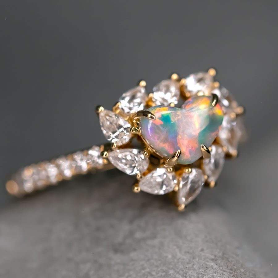 La Fiesta - Lightning Ridge Black Opal & Halo Pear Diamond Engagement Wedding Ring 18K Yellow Gold